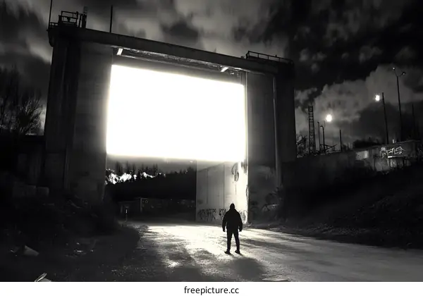 Silhouette of a Man Standing in Front of a Large Light Source at Night