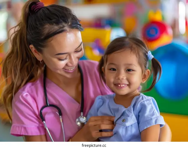 Toddler girl smiling with female doctor