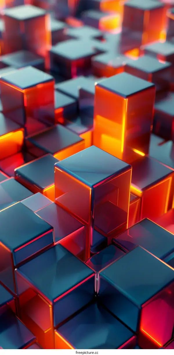 3D Abstract Glowing Cubes in Red and Blue