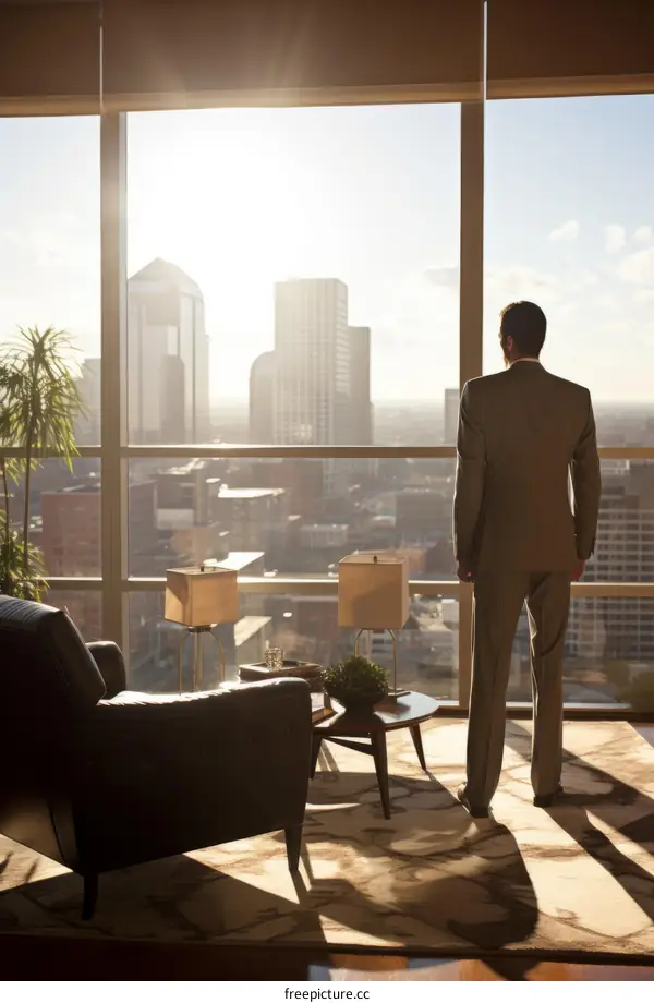 Businessman looking out at cityscape from office window