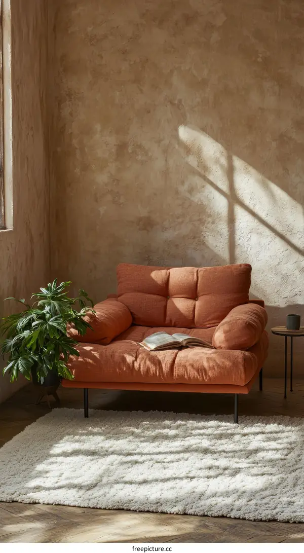 Cozy Living Room Area Rug with Orange Sofa