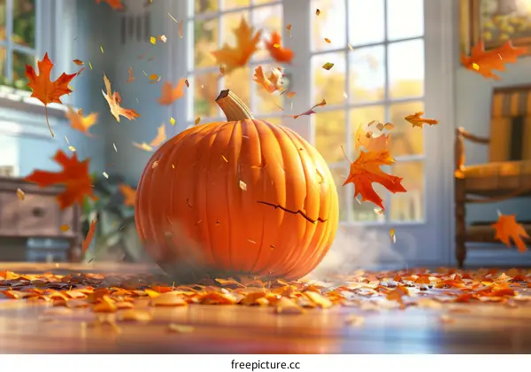 Pumpkin with Autumn Leaves at a Window