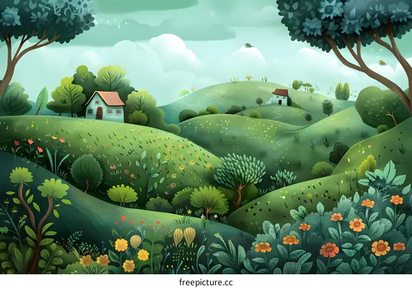 Green Hills and Houses Illustration