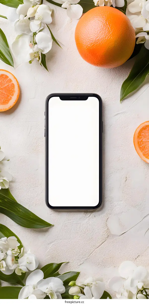 White Flowers and Oranges Surrounding a Smartphone with Blank Screen