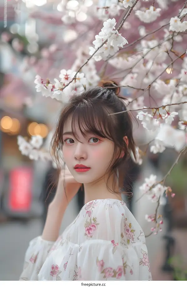 Beautiful Asian Woman Posing in Front of Cherry Blossoms