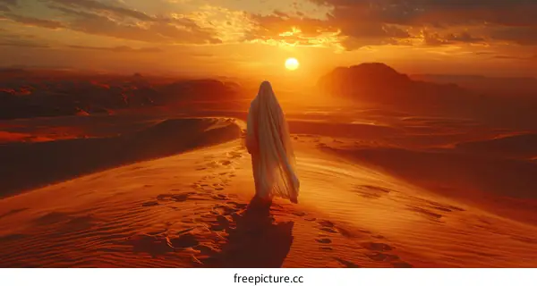 A person walking alone in the desert