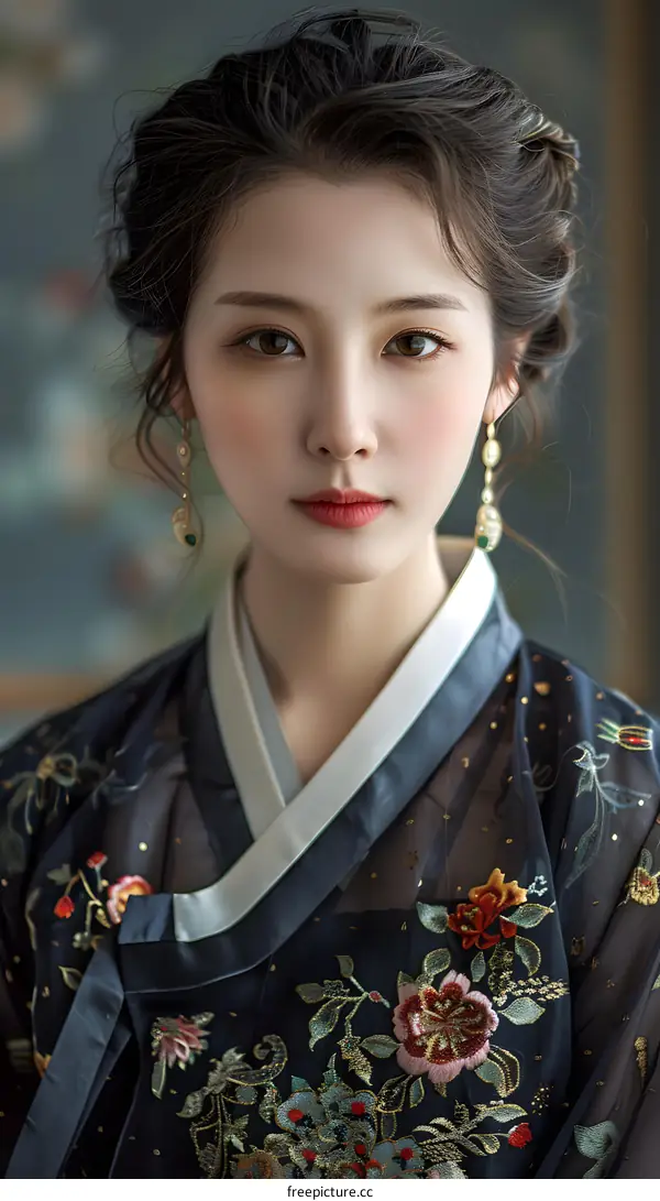 Elegant Asian Woman in Traditional Korean Hanbok