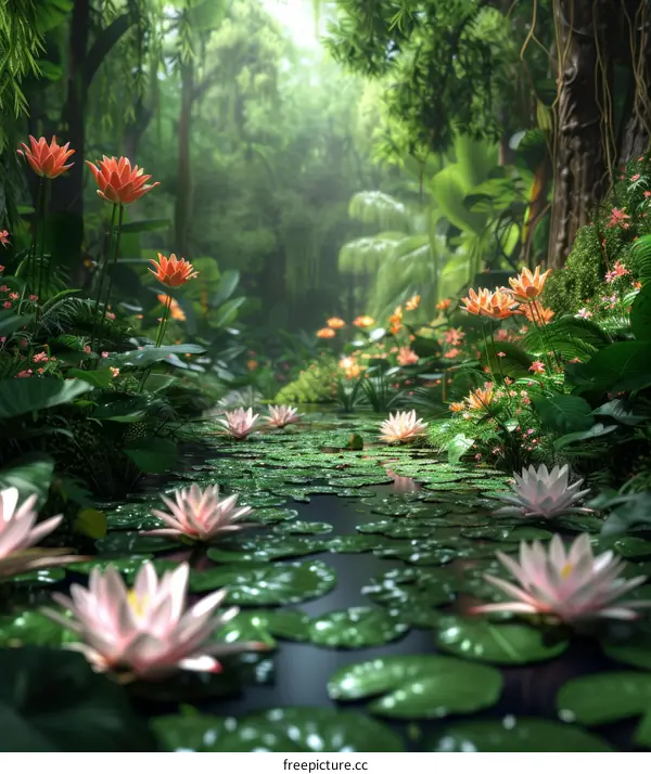 Enchanted Jungle Pond with Mystical Flowers