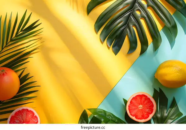 Tropical Fruits Summer Background With Yellow And Blue Background