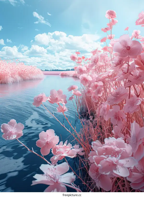 Pink flowers by the river on a sunny day