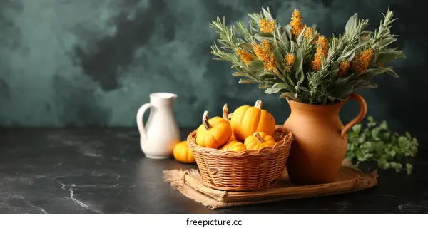 Autumnal Decor with Pumpkins and Herbs