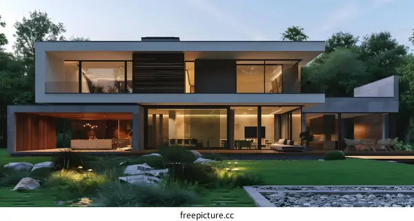 Modern House with Large Windows and a Backyard