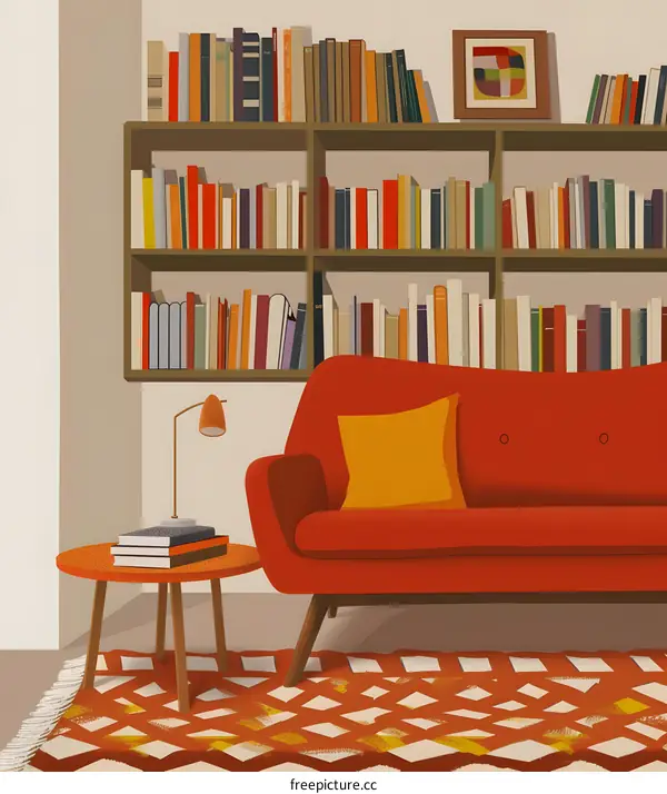 Modern Living Room Interior Design with Red Sofa and Bookshelves