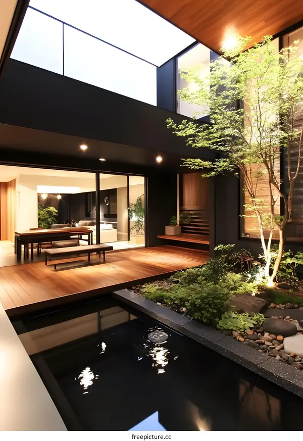 Modern Japanese Garden Design With Indoor Courtyard And Pond