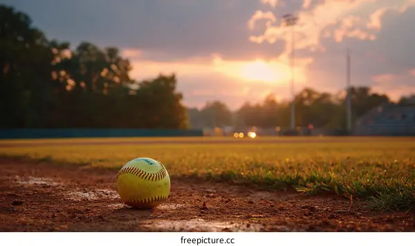 Softball on the Baseball Field at Sunset