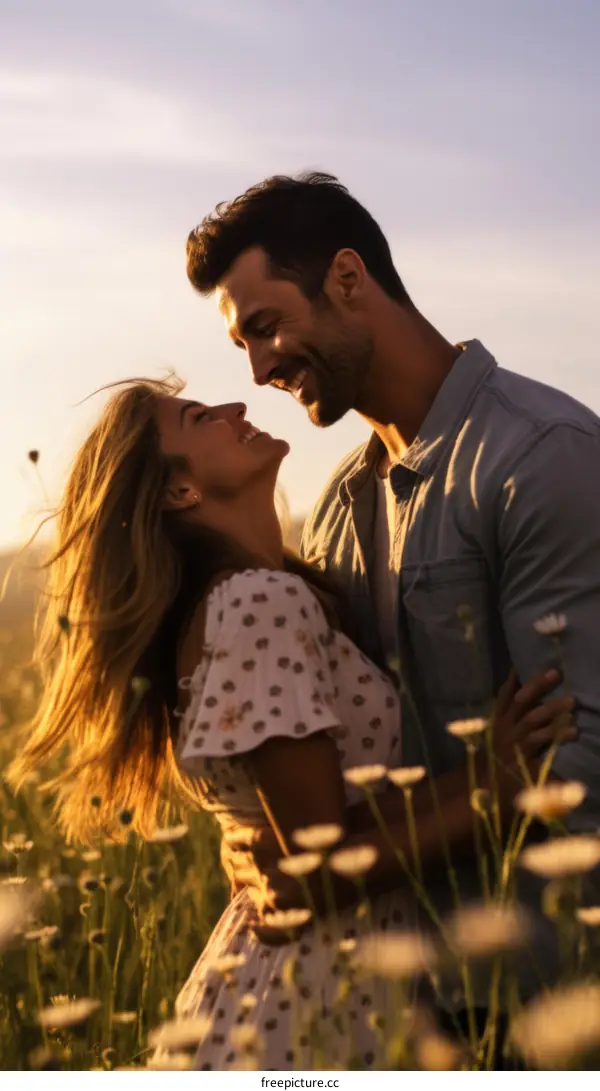 Couple in love standing in a field of flowers