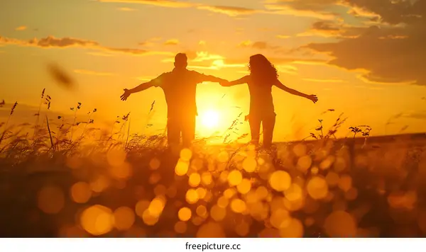 Silhouette of Couple Holding Hands at Sunset