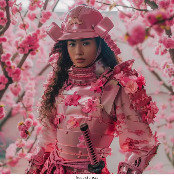 Portrait of a young woman in a pink samurai armor
