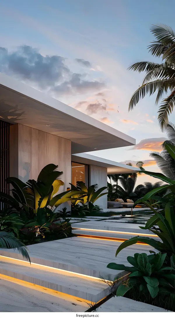 Modern Tropical Home with Stone Steps and Palm Trees