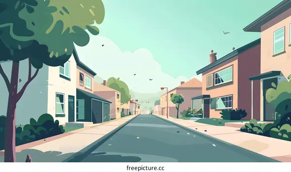 Suburban Street With Houses And Trees