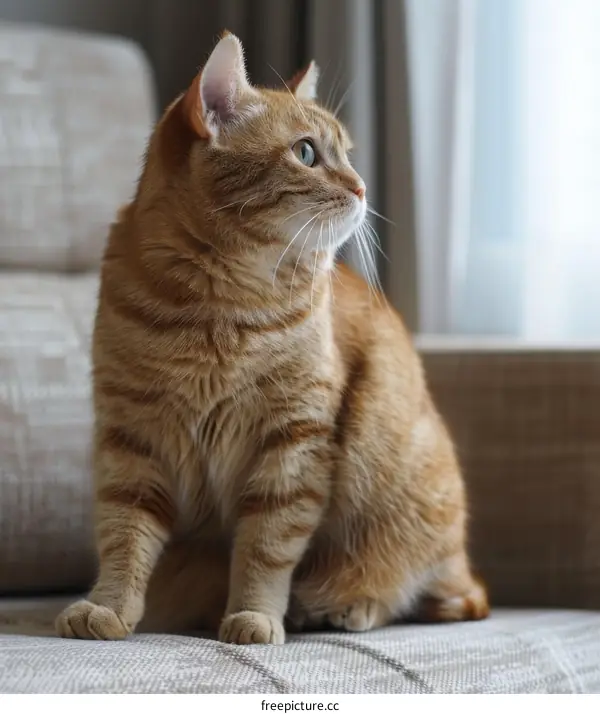 A ginger cat is sitting on a chair and looking out the window