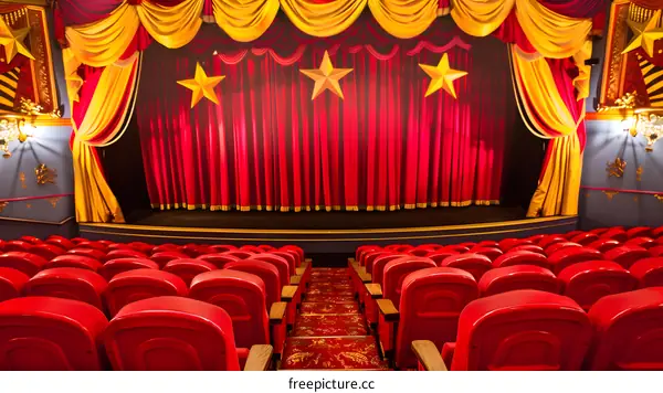 Empty Theater Seats and Red Curtains