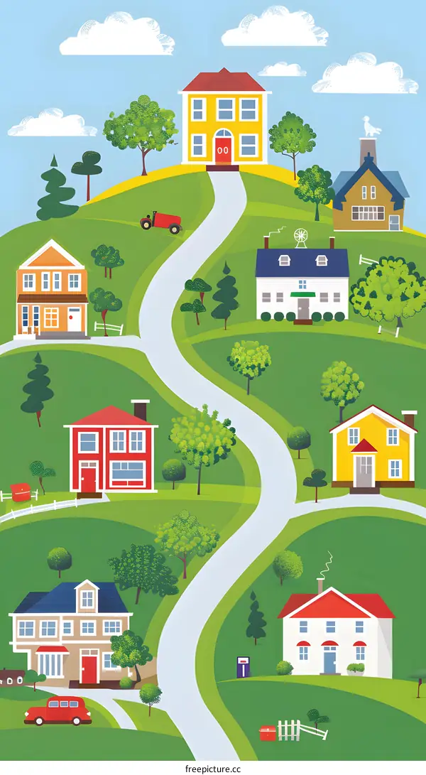 Colorful Houses on Green Hills Illustration