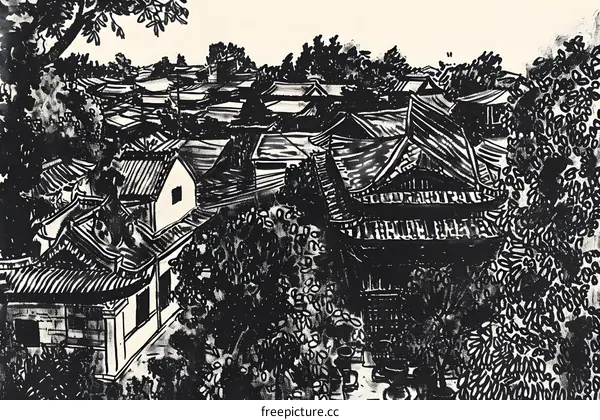 Black and White Illustration of Chinese Village