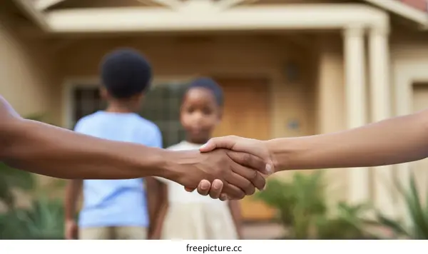 Two people of color shaking hands with two children in the background