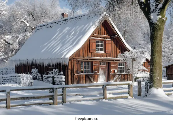 Wooden Cabin Covered In Snow With Icicles