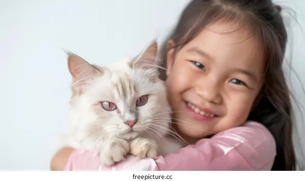 A girl hugging a white cat
