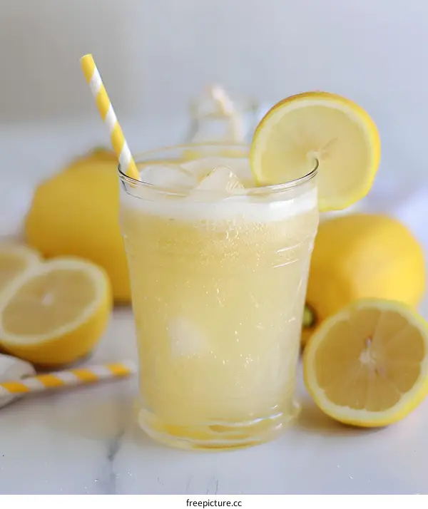 Glass of Lemon Soda with Ice and Lemon Slice