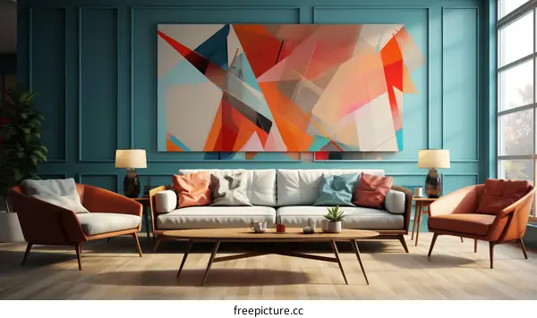 An illustration of a living room with a large painting on the wall