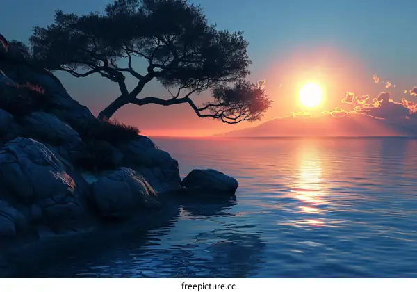 Solitary Tree Silhouetted Against a Sunset Seascape