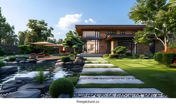 Modern House with Pond and Landscaping