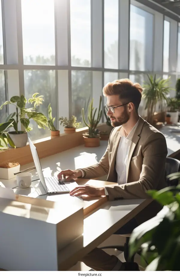 Focused young businessman working on laptop in modern office
