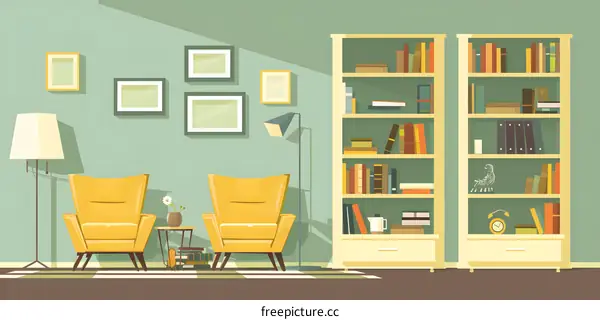 Cartoon Illustration of a Living Room with Two Yellow Armchairs, a Bookcase and Lamps
