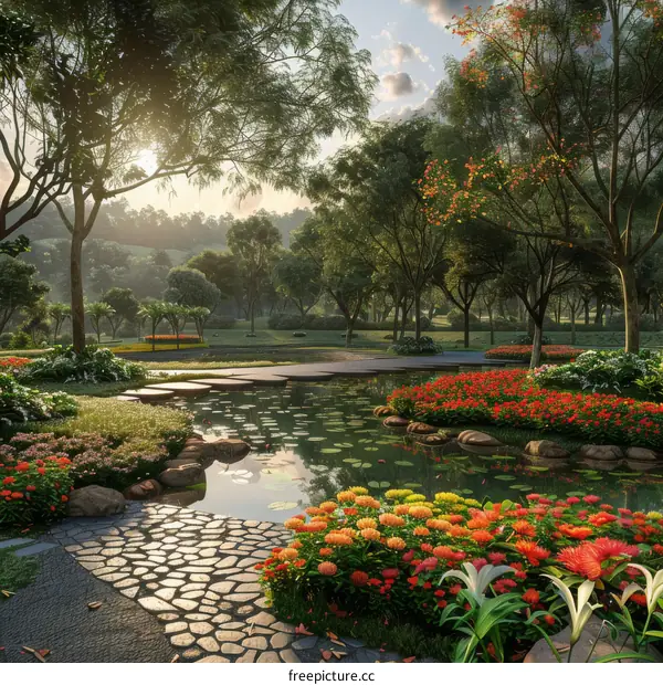 Serene Park with Pond and Stone Path