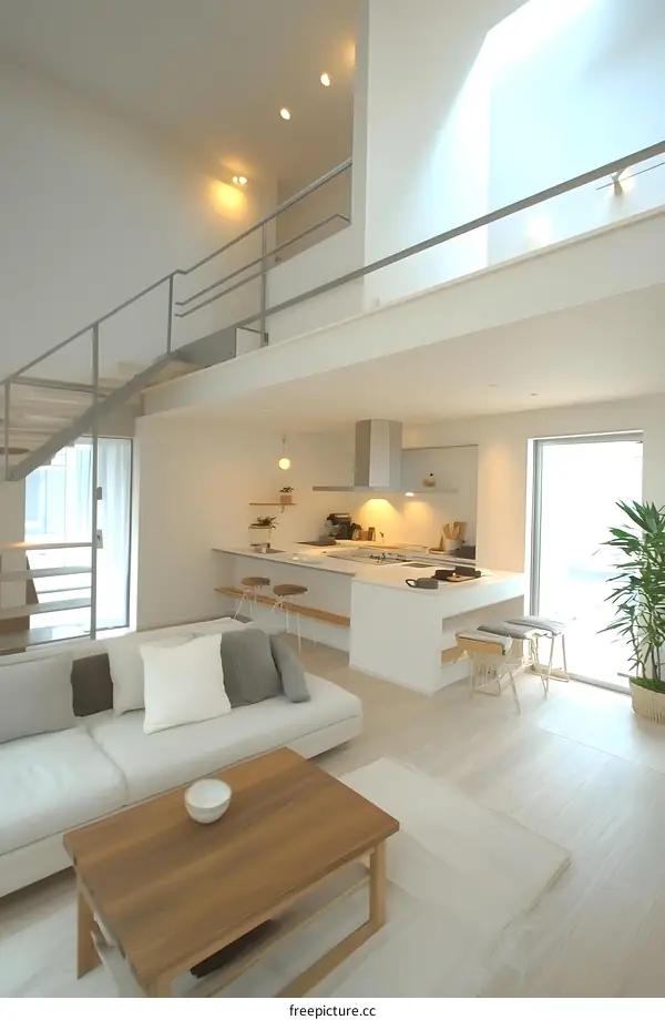 Modern Minimalist White Open Plan Living Room With Kitchen And Stairs