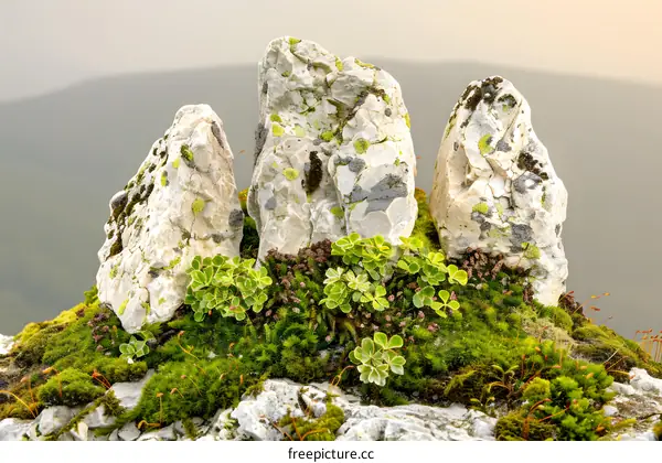 Three Rocks on a Mountaintop Covered in Green Moss
