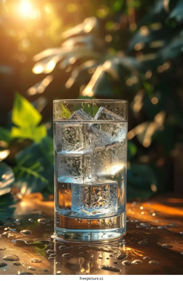A glass of water with ice cubes sits on a table in the sunlight.