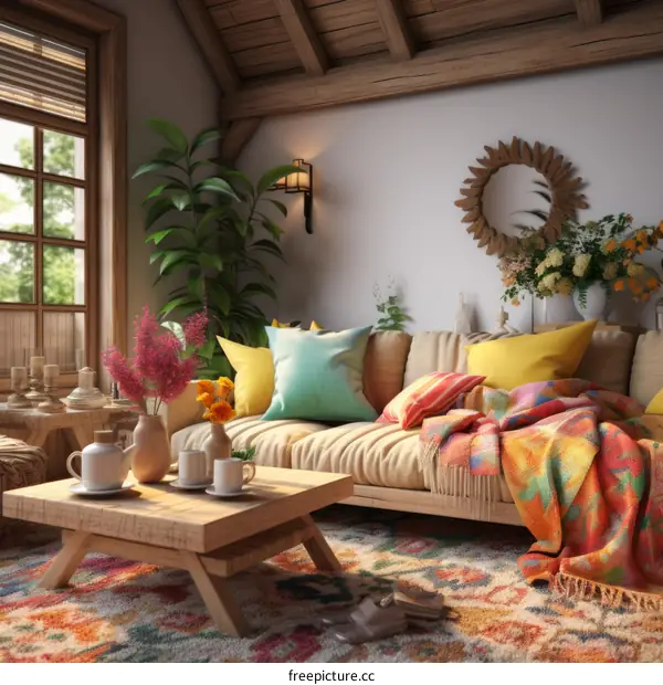 Cozy and Inviting Living Room with Sofa, Coffee Table, Rug, and Plants