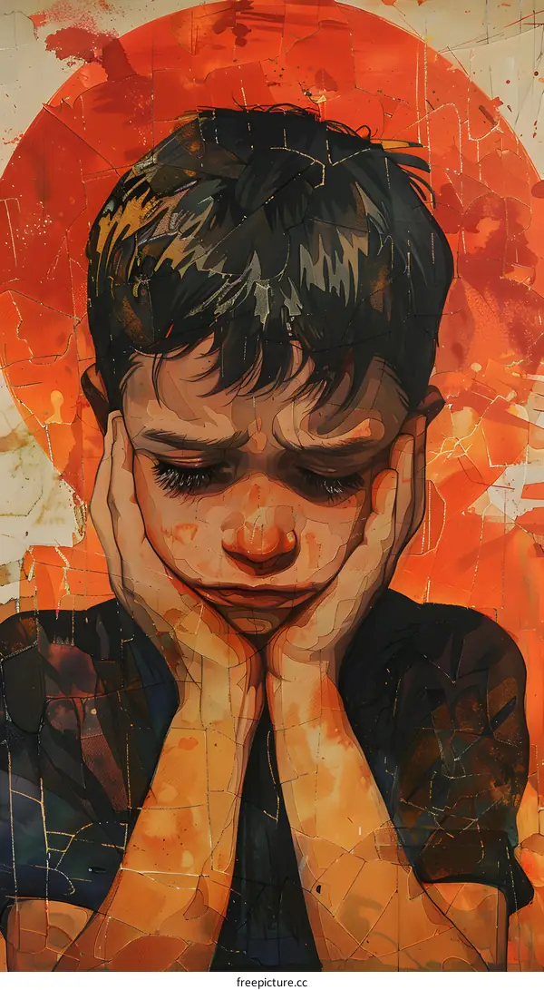 Sad Boy With Hands On Face and Red Background