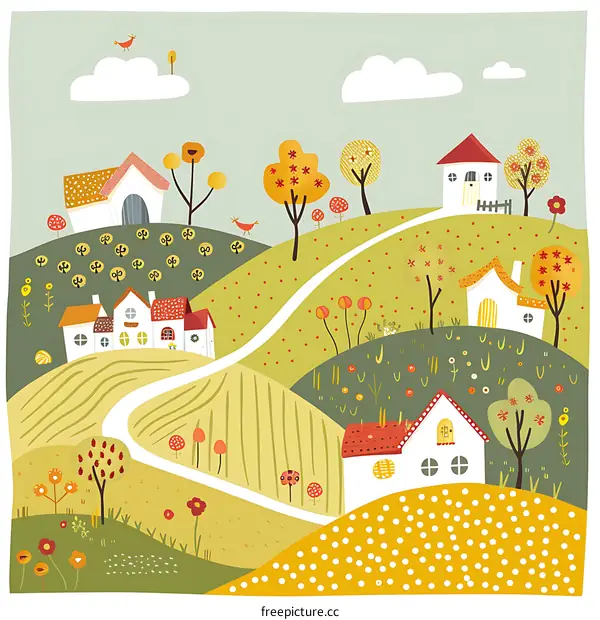 Cute Cartoon Illustration of a Whimsical Village