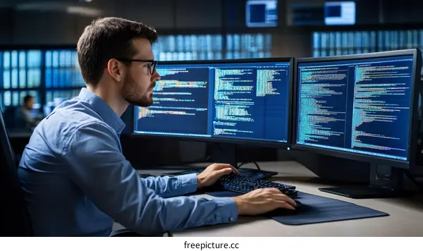 Software Developer Working at Night in a Server Room