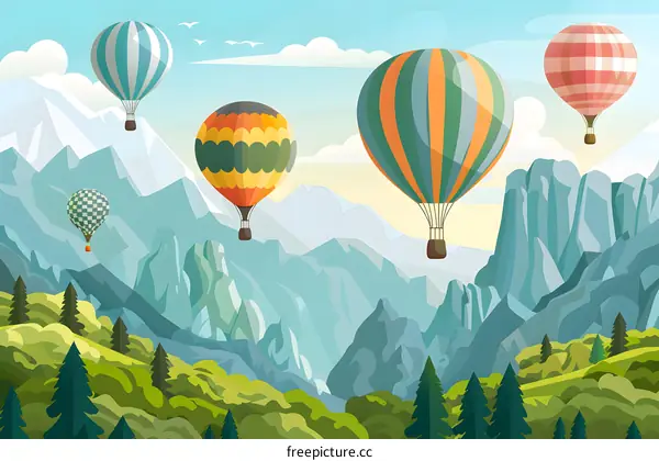 Hot Air Balloons Flying Over Mountains Landscape Illustration