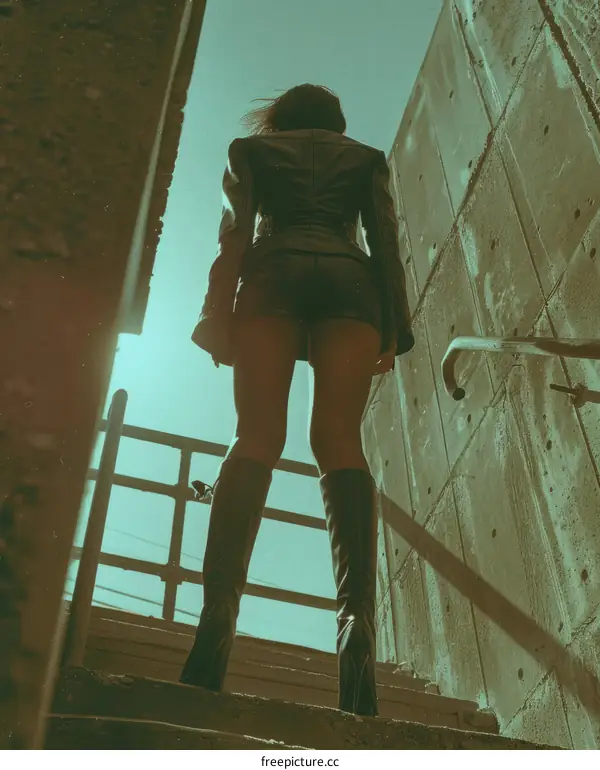 A woman in a leather jacket and boots walks up a flight of stairs