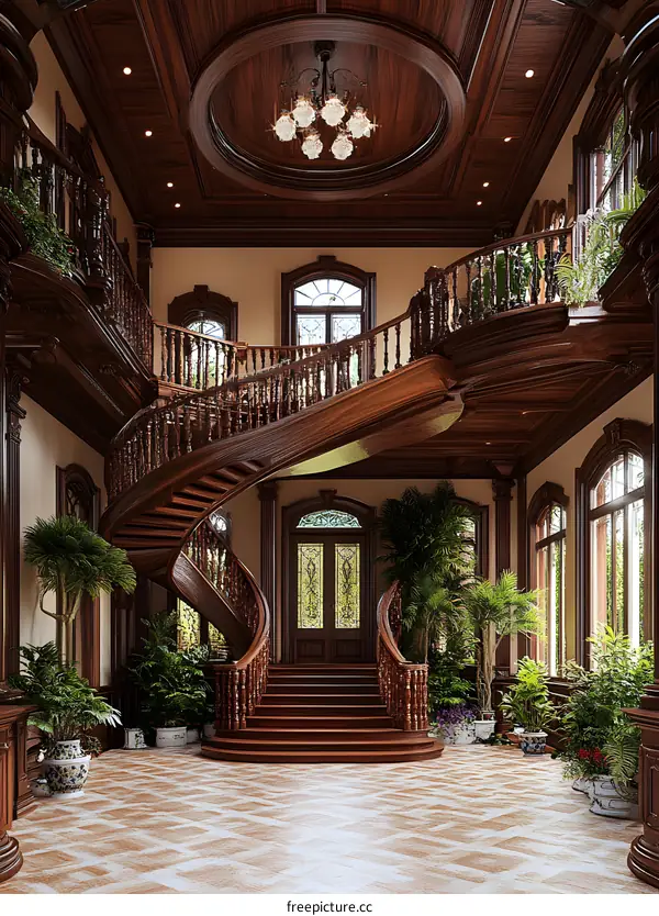 Grand Wooden Staircase Interior Design with Stained Glass Windows
