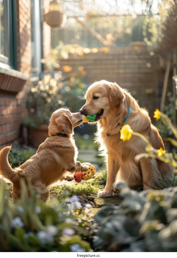 Two Golden Retrievers playing with a ball in the garden