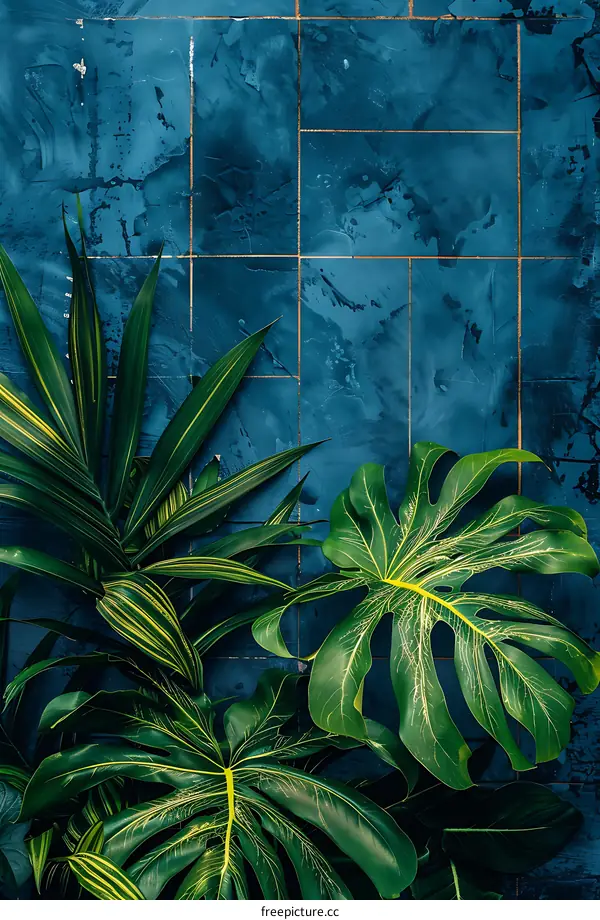 Tropical Leaves on a Blue Tiled Wall